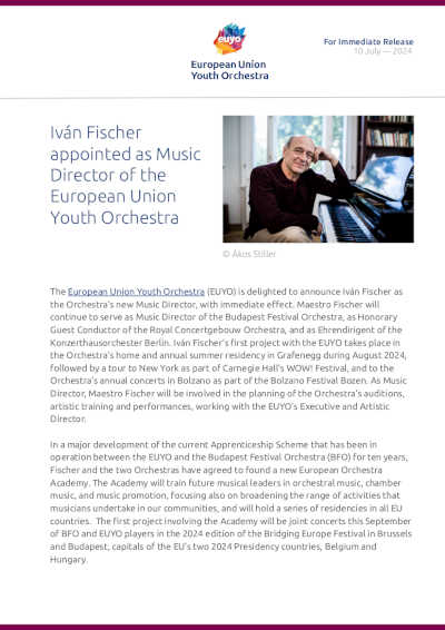 Iván Fischer nombrado director musical de la Joven Orquesta de la Unión Europea