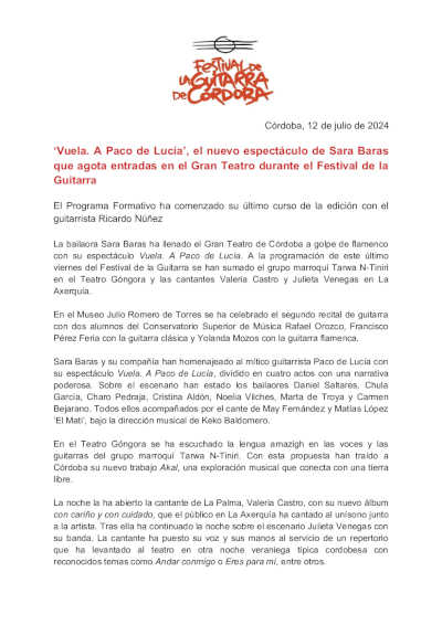 «Vuela. A Paco de Lucía», nuevo espectáculo de Sara Baras agota entradas en el Gran Teatro en el Festival de la Guitarra «Vuela. A Paco de Lucía», nuevo espectáculo de Sara Baras agota entradas en el Gran Teatro en el Festival de la Guitarra
