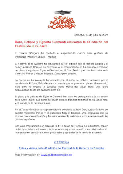 Doro, Eclipse y Egberto Gismonti clausuran la 43 edición del Festival de la Guitarra