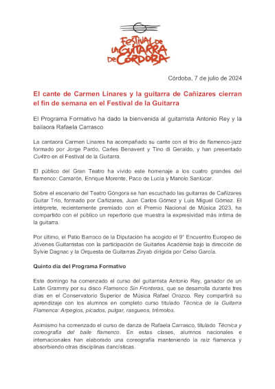 El cante de Carmen Linares y la guitarra de Cañizares cierran el fin de semana en el Festival de la Guitarra