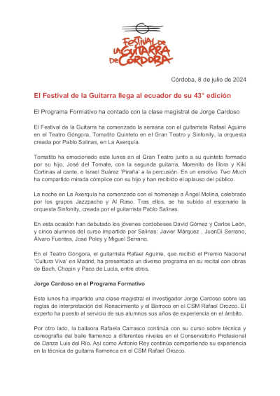 El Festival de la Guitarra llega al ecuador de su 43° edición El Festival de la Guitarra llega al ecuador de su 43° edición