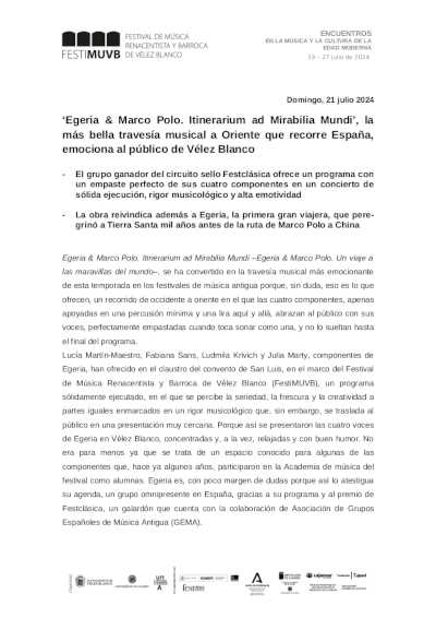 «Egeria & Marco Polo. Itinerarium ad Mirabilia Mundi», emociona al público de Vélez Blanco «Egeria & Marco Polo. Itinerarium ad Mirabilia Mundi», emociona al público de Vélez Blanco