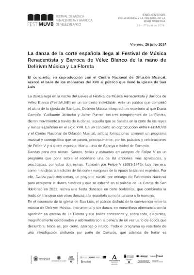 La danza de la corte española llega al FestiMUVB de la mano de Delirivm Música y La Floreta