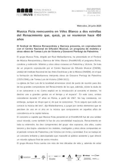 Musica Ficta reencuentra en Vélez Blanco a dos estrellas del Renacimiento que, quizá, ya se reunieron hace 450 años