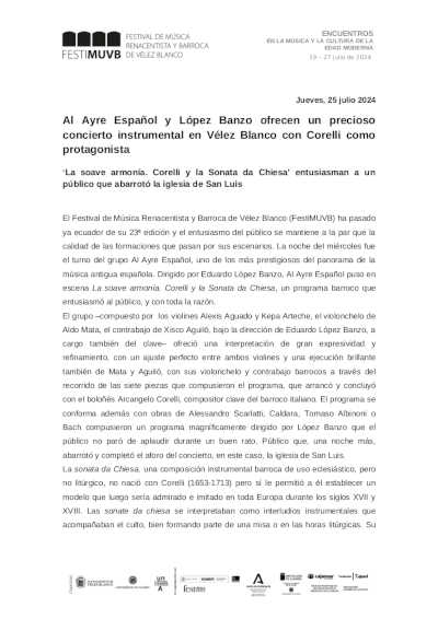 Al Ayre Español y López Banzo ofrecen un precioso concierto instrumental en Vélez Blanco con Corelli como protagonista