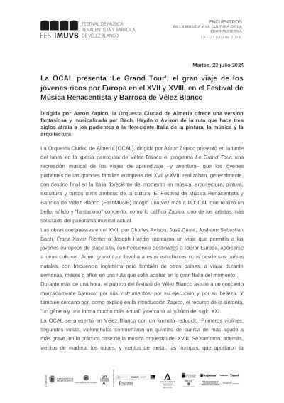 La OCAL presenta «Le Grand Tour», el gran viaje de los jóvenes ricos por Europa en el XVII y XVIII, en el FestiMUVB 2024 La OCAL presenta «Le Grand Tour», el gran viaje de los jóvenes ricos por Europa en el XVII y XVIII, en el FestiMUVB 2024