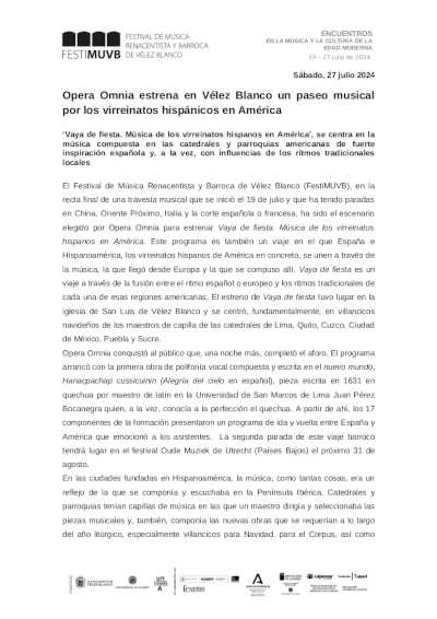 Opera Omnia estrena en Vélez Blanco un paseo musical por los virreinatos hispánicos en América