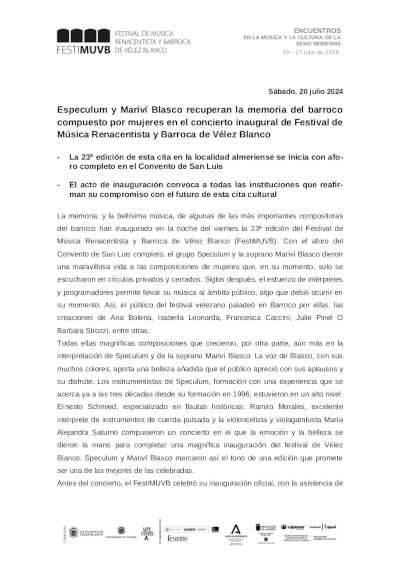 Especulum y Mariví Blasco en el concierto inaugural de Festival de Música Renacentista y Barroca de Vélez Blanco Especulum y Mariví Blasco en el concierto inaugural de Festival de Música Renacentista y Barroca de Vélez Blanco