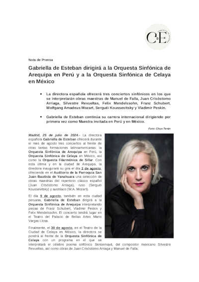 Gabriella de Esteban dirigirá a la Orquesta Sinfónica de Arequipa en Perú y a la Orquesta Sinfónica de Celaya en México