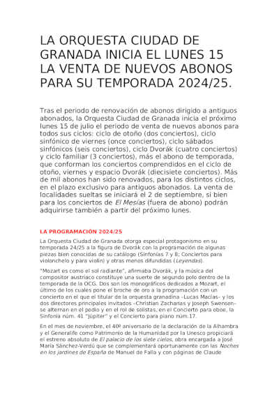 La Orquesta Ciudad de Granada inicia el lunes 15 la venta de nuevos abonos para la temporada 2024/2025