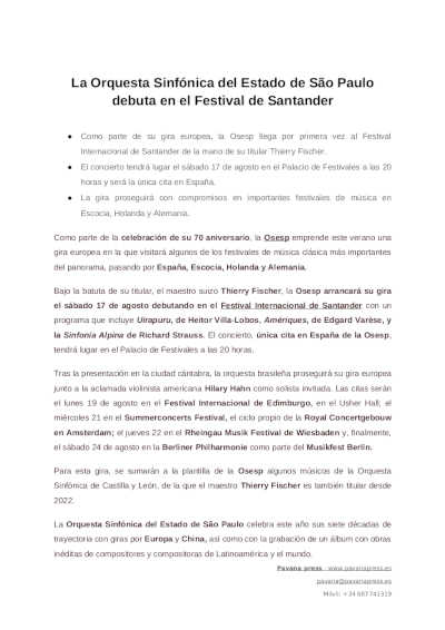 La Orquesta Sinfónica del Estado de São Paulo debuta en el Festival de Santander