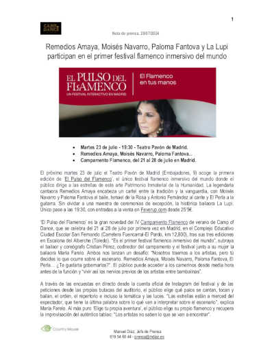 Remedios Amaya, Moisés Navarro, Paloma Fantova y La Lupi participan en el primer festival flamenco inmersivo del mundo Remedios Amaya, Moisés Navarro, Paloma Fantova y La Lupi participan en el primer festival flamenco inmersivo del mundo