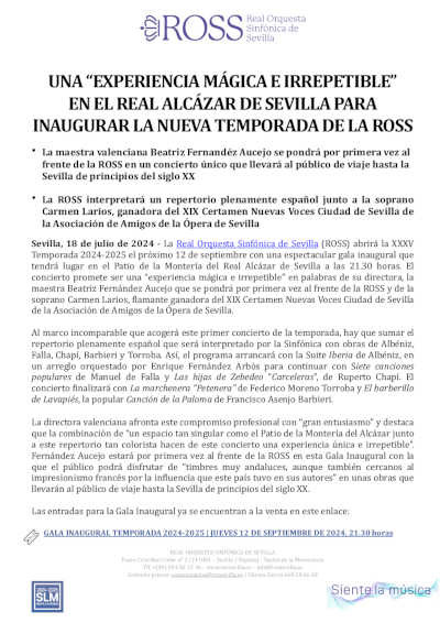 Una «Experiencia mágica e irrepetible» en el Real Alcazar de Sevilla inaugura la temporada de la ROSS