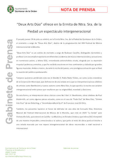 “Deux Arts Dúo” ofrece en la Ermita de Ntra. Sra. de la Piedad un espectáculo intergeneracional