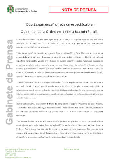 “Dúo Saxperience” ofrece un espectáculo en Quintanar de la Orden en honor a Joaquín Sorolla