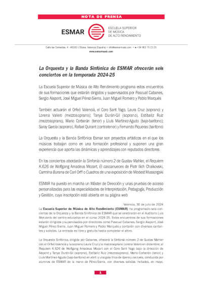 La Orquesta y la Banda Sinfónica de ESMAR ofrecerán seis conciertos en la temporada 2024-25