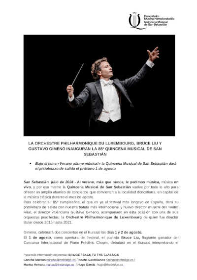 Orchestre Philharmonique du Luxembourg, Bruce Liu y Gustavo Gimeno inauguran la 85º Quincena Musical de San Sebastián