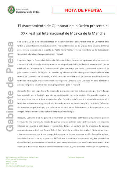 El Ayuntamiento de Quintanar de la Orden presenta el XXX Festival Internacional de Música de la Mancha
