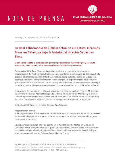 La Real Filharmonía de Galicia actúa en el Festival Hércules Brass en Celanova bajo la batuta del director Sebastian Zinca