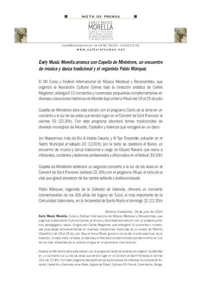 Música Antigua Morella arranca con Capella de Ministrers, un encuentro de música y danza tradicional y el organista Pablo Márquez