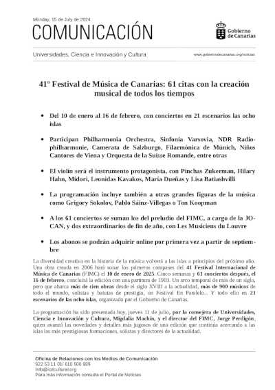 El 41º Festival de Música de Canarias se presenta con 61 citas con la creación musical de todos los tiempos