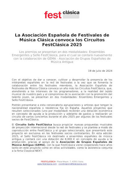 La Asociación Española de Festivales de Música Clásica convoca los Circuitos FestClásica 2025