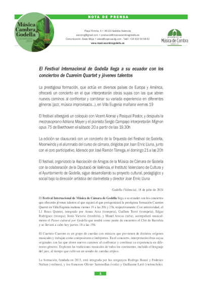 El Festival Internacional de Godella llega a su ecuador con los conciertos de Cuareim Quartet y jóvenes talentos