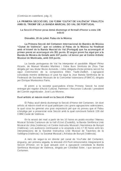 La Primera Sección del 136º CIBM «Ciudad de València» finaliza con el triunfo de la Banda Marcial do Vale de Protugal