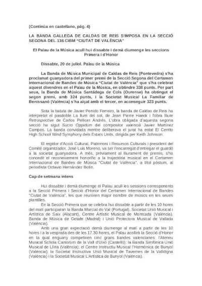 La banda gallega de Caldas de Reis se impone en le sección segunda del 136º CIBM «Ciudad de València»