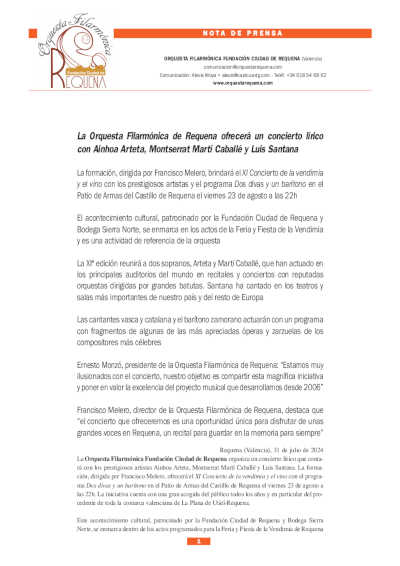 La Orquesta Filarmónica de Requena ofrecerá un concierto lírico con Ainhoa Arteta, Montserrat Martí Caballé y Luis Santana