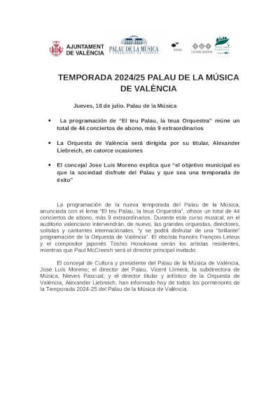 El Palau de la Música de València ha presentado su Temporada 2024/2025