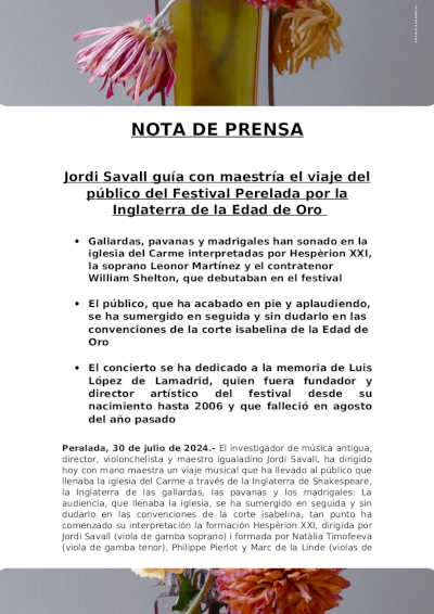 Jordi Savall guía con maestría el viaje del público del Festival Perelada por la Inglaterra de la Edad de Oro Jordi Savall guía con maestría el viaje del público del Festival Perelada por la Inglaterra de la Edad de Oro