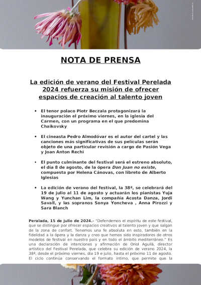 La edición de verano del Festival Perelada 2024 refuerza su misión de ofrecer espacios de creación al talento joven