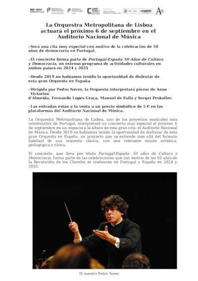 La Orquestra Metropolitana de Lisboa actuará el próximo 6 de septiembre en el Auditorio Nacional de Música