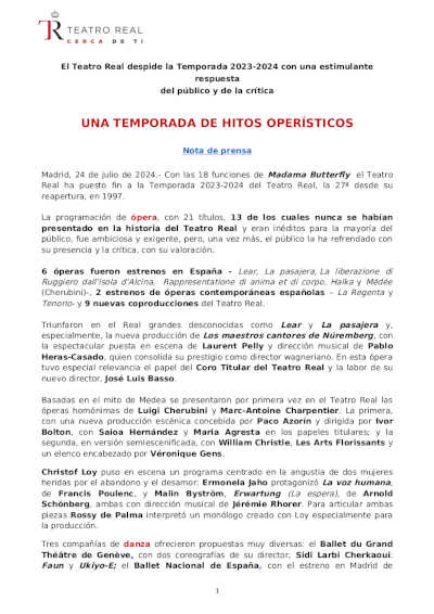 El Teatro Real despide la Temporada 2023-2024 con una estimulante respuesta  del público y de la crítica