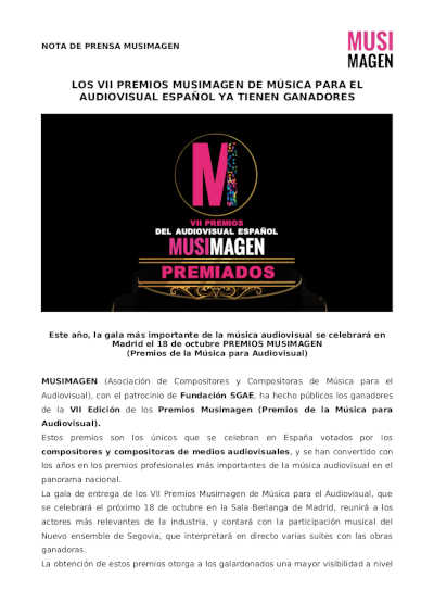Los VII Premios MUSIMAGEN de música para el audiovisual español ya tienen ganadores