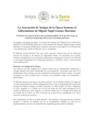 La Asociación de Amigos de la Ópera lamenta el fallecimiento de Miguel Ángel Gómez-Martínez