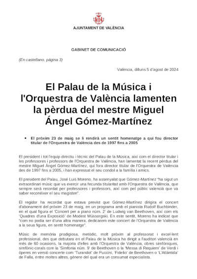 El Palau de la Música y la Orquesta de València lamentan la pérdida del maestro Miguel Ángel Gómez-Martínez El Palau de la Música y la Orquesta de València lamentan la pérdida del maestro Miguel Ángel Gómez-Martínez