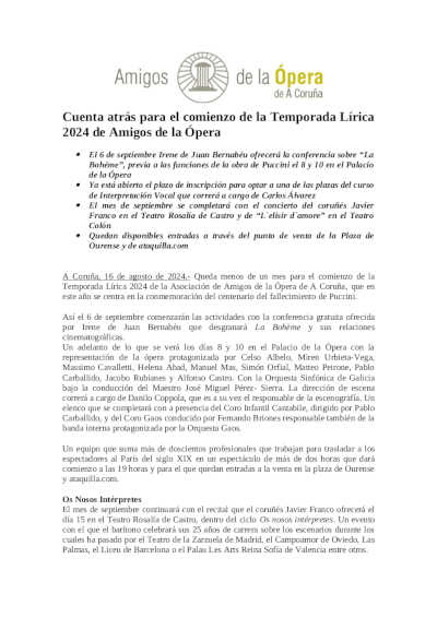 Cuenta atrás para el comienzo de la Temporada Lírica 2024 de Amigos de la Ópera