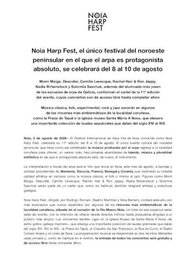 Noia Harp Fest, el único festival del noroeste peninsular en el que el arpa es protagonista absoluto