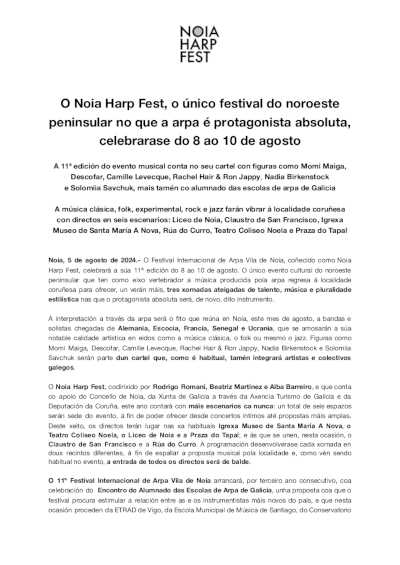 Noia Harp Fest, el único festival del noroeste peninsular en el que el arpa es protagonista absoluto