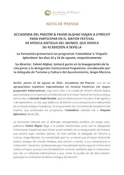 Accademia del Piacere & Fahmi Alqhai viajan a Utrech para participar en el mayor festival de música antigua del mundo