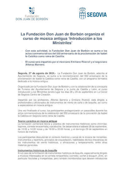 La Fundación Don Juan de Borbón organiza el curso de música antigua «Introducción a los Ministriles»