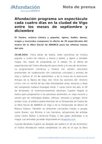 Afundación programa un espectáculo cada cuatro días en la ciudad de Vigo entre los meses de septiembre y diciembre