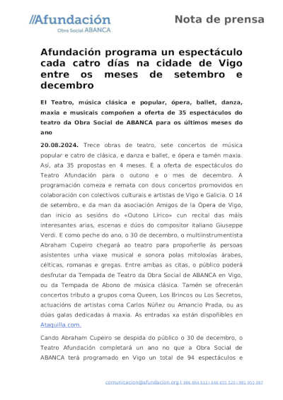 Afundación programa un espectáculo cada cuatro días en la ciudad de Vigo entre los meses de septiembre y diciembre