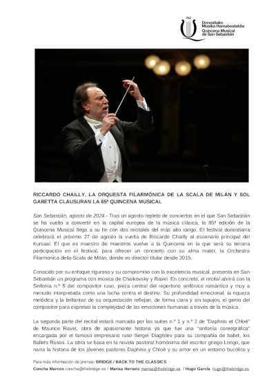 Riccardo Chailly, la Orquesta Filarmónica de la Scala de Milán y Sol Gabetta clauduran la 85º Quincena Musical
