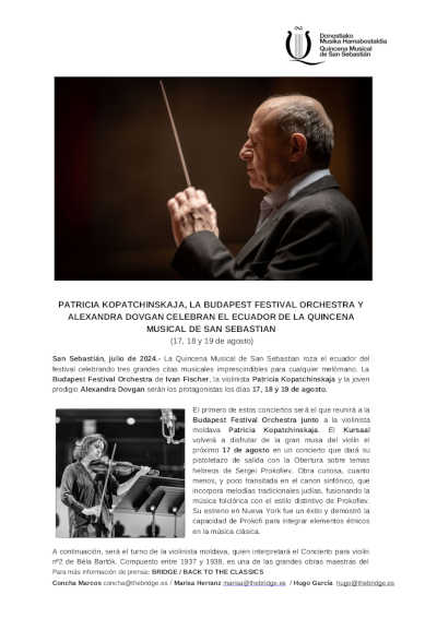 Patricia Kopatchinskaja, Budapest Festival Orchestra y Alexandra Dovgan en la 85º Quincena Musical
