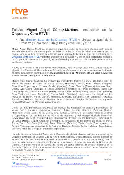 Fallece Miguel Ángel Gómez-Martínez, exdirector de la Orquesta y Coro RTVE