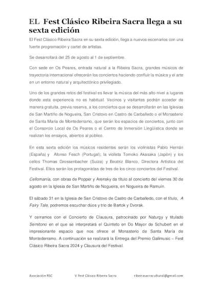 El Fest Clásico Ribeira Sacra llega a su sexta edición con nuevos escenarios y fuerte programación