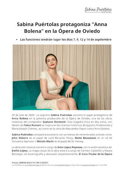La soprano Sabina Puértolas dará vida a la desgarradora historia de Anna Bolena en la Ópera de Oviedo